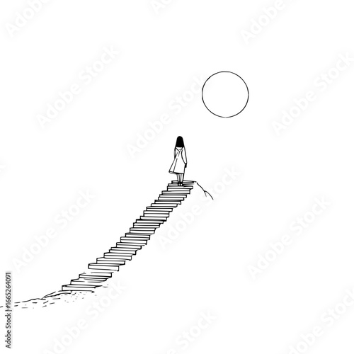 Minimalist art of woman climbing stairs to moon illustration black and white drawing simple design concept art