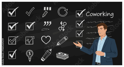 Professional presenting a coworking checklist drawn on a chalkboard illustration