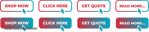 CTA Buttons set with gradient frames in Cyan and Pink. Call to action buttons for Shop now, Click here, Get Quote, and read more. 07.eps