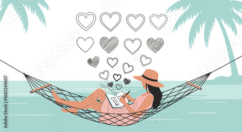 Relaxing beachside vacation illustration of woman drawing hearts in hammock