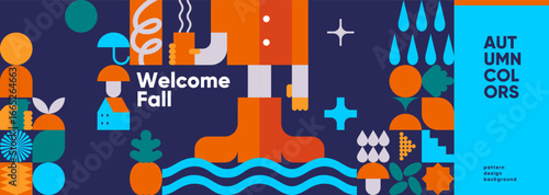 Colorful geometric illustration celebrating autumn with abstract shapes and vibrant colors. Features elements like leaves, raindrops, and boots, conveying a warm and welcoming fall atmosphere.
