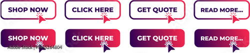 CTA Buttons set with gradient frames in Pink and Purple. Call to action buttons for Shop now, Click here, Get Quote, and read more. 014.eps