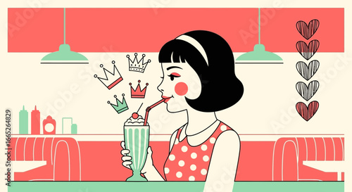 Retro diner scene featuring a young woman enjoying a milkshake with a crown dream