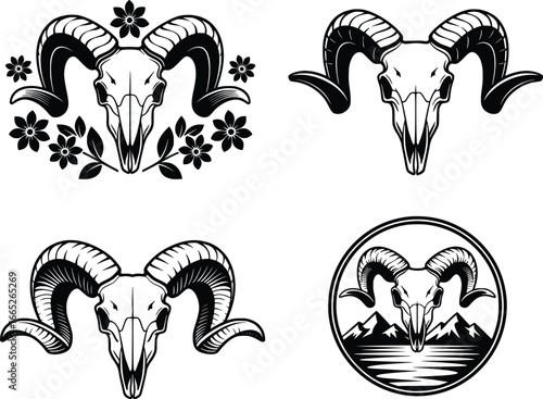 Intricate ram skull designs with floral and circular embellishments for artistic projects