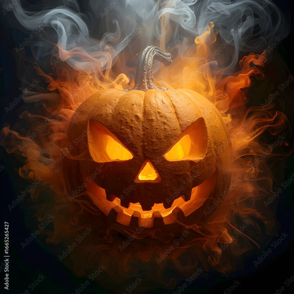 Fototapeta premium Scary halloween pumpkin lantern with evil face glowing in smoke and dark mist.