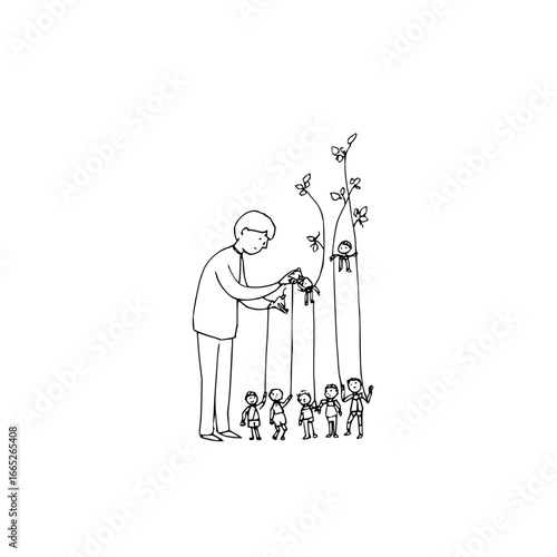 Puppet show illustration for children's books and art therapy coloring pages with puppeteer and kids drawing