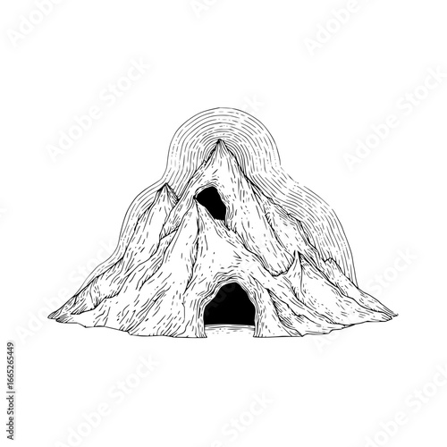 Mountain cave illustration vector art with line drawing style for adventure and exploration designs