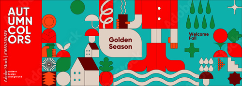 This vibrant stock photo features a colorful geometric pattern celebrating autumn. With bold shapes and a palette of red, orange, and teal, it embodies the essence of the fall season.