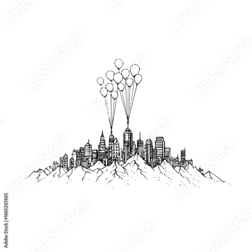 Cityscape skyline drawing with balloons over mountain range vector sketch illustration design concept art