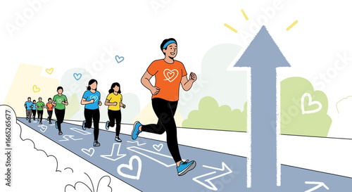 Running towards success: A motivated group jogging towards a bright future destination