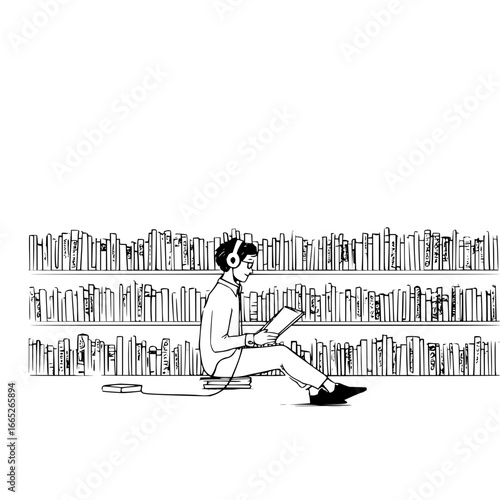 Man reading in library with headphones on digital tablet ebook study learning knowledge and books illustration