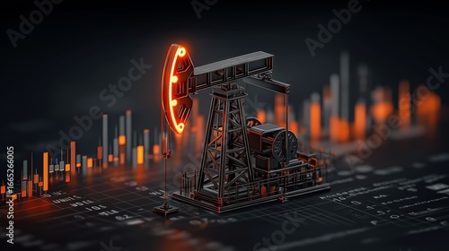 Oil Price Surge Crisis: Illuminated Pumpjack Against Rising Market Charts and Global Energy Uncertainty