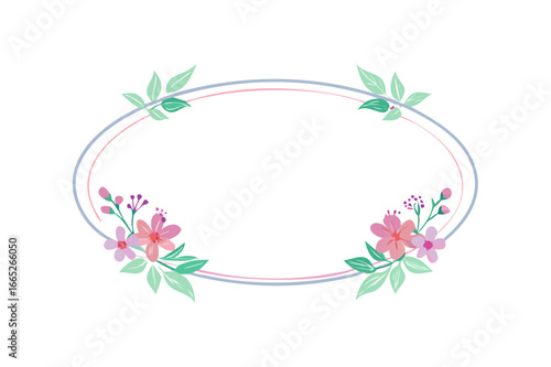 Oval frame with pink flowers and green leaves arrangement on a white background illustration art