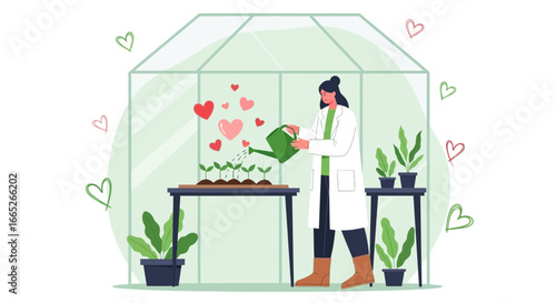 Scientist in a greenhouse nurturing plants with love for growth and development research