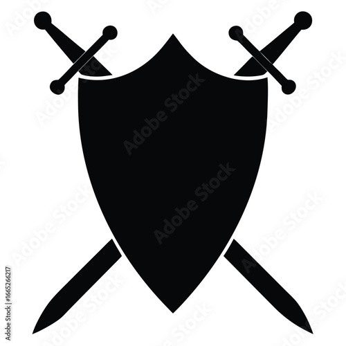 Black Shield with Cross Swords Illustration Security and Defense Emblem Concept