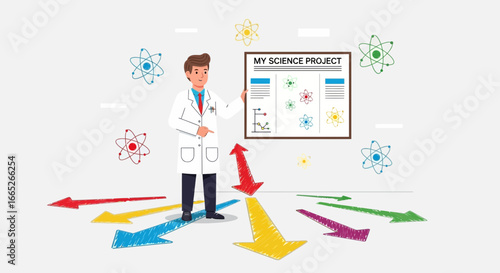 Scientist presents science project surrounded by colorful arrows pointing downwards