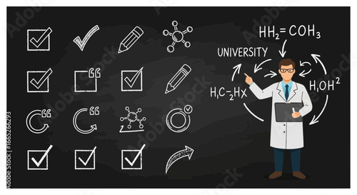 Scientist teaching chemistry with chalkboard and formula background vector illustration
