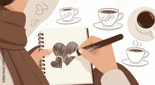 Sketchbook musings combining love and coffee motifs in a creative illustration