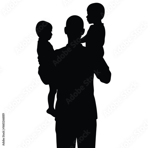 Father Silhouette Holding Two Children Portrait Fatherhood Family Love Black Illustration