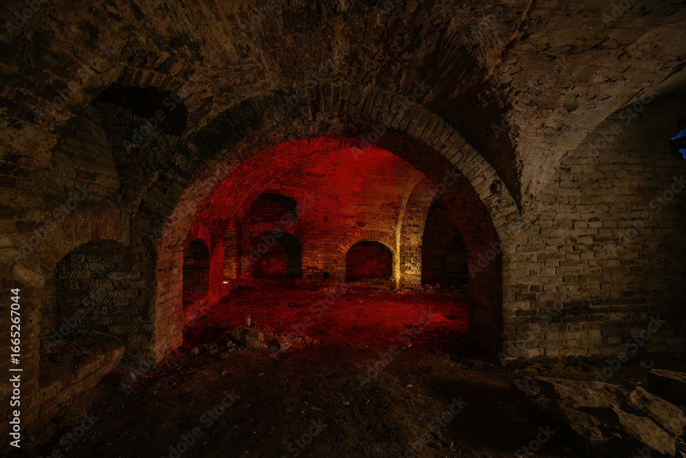 Fototapeta premium Dark and creepy vaulted red brick cellar under old castle