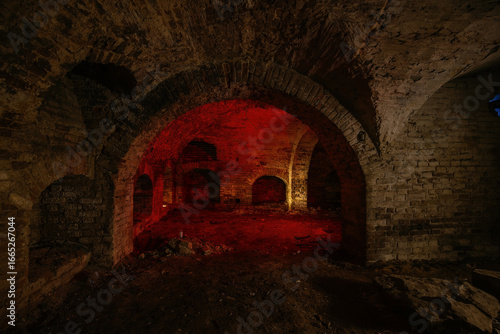 Dark and creepy vaulted red brick cellar under old castle