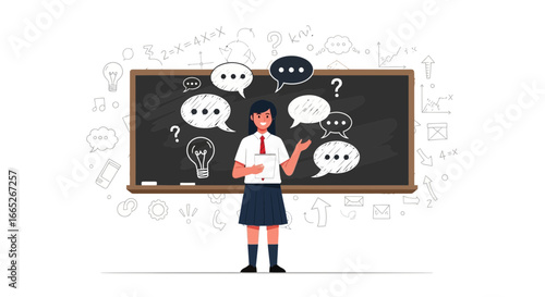 Student presenting in front of blackboard with various thoughts and mathematical equations in a