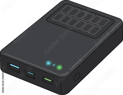 Off-grid charging solution: A black power bank with a built-in solar panel and multiple USB ports, symbolizing eco-friendly and portable energy for modern devices.