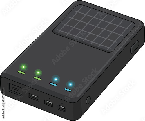 Green technology for modern life: A black solar power bank with status indicators and multiple ports, representing sustainable and portable energy for charging devices on the go.