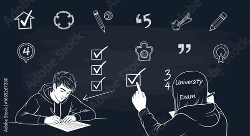 Students preparing for university exams with chalk drawings on a blackboard background