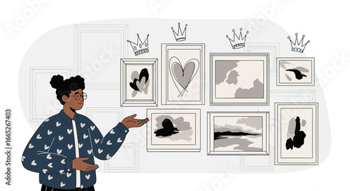 Stylized illustration of a woman presenting abstract art in a gallery setting with crowns