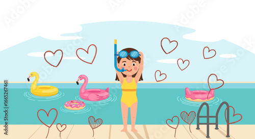 Summer fun a cute cartoon illustration featuring a girl with snorkel in a pool with floaties