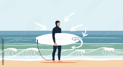 Surfer in wetsuit on beach with surfboard, arrows indicate motion and direction towards water