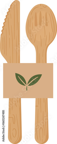 Sustainable picnic essentials: A set of disposable wooden cutlery tied together with a paper band, symbolizing eco-friendly dining and a zero-waste lifestyle.