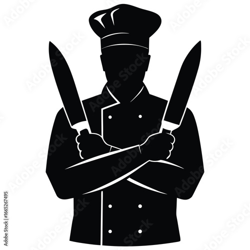 Silhouette of a Chef Holding Knives with Crossed Arms Wearing a Hat