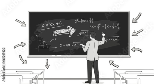 Teacher Explaining Mathematical Formulas on Blackboard in Classroom Illustration