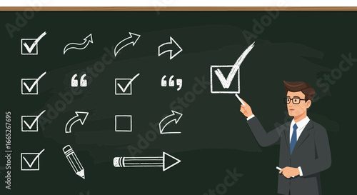 Teacher explains check marks and arrows drawn on blackboard in the classroom