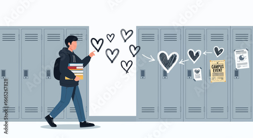 Teenage student with books showing love and affection in a school hallway setting illustration