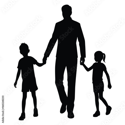Silhouette of Father Holding Hands with His Two Children Walking Together