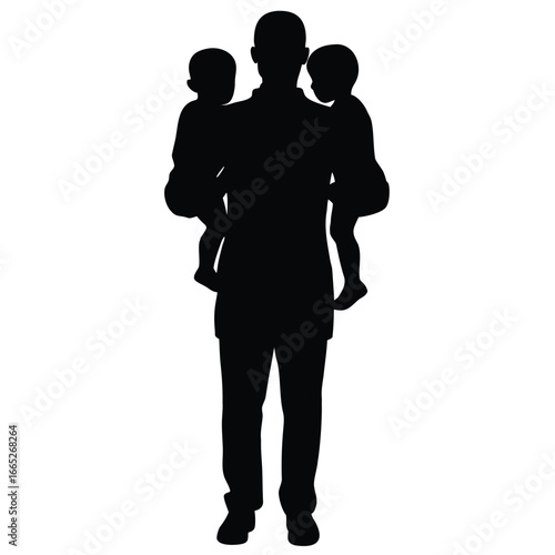 Silhouette of Father Holding Two Children Depicts Paternal Love and Family Bonding