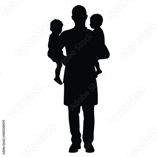 Silhouette of Man Holding Two Children In Arms Illustration