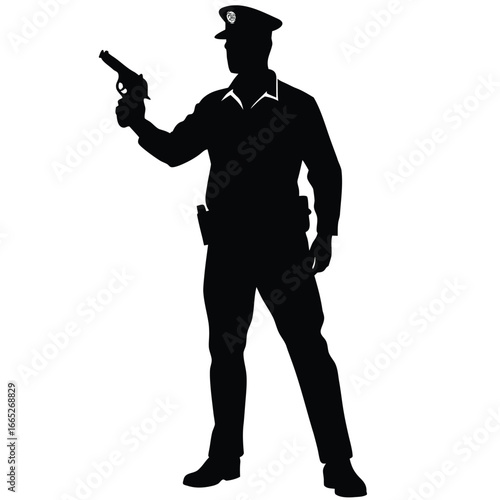 Silhouette of Police Officer with Gun Wearing Uniform and Hat