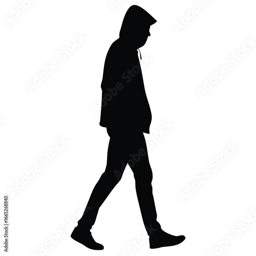 Silhouette of Person Walking with Hood Down Low on Head in Profile
