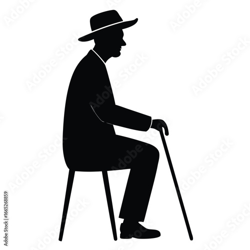 Silhouette of Seated Man with Hat and Cane Resting on Stool