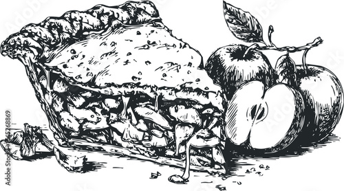 Hand drawn sketch of a slice of delicious apple pie with fresh apples