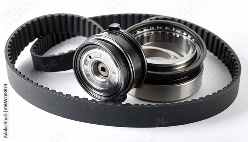 A close-up of an automotive timing belt system featuring a toothed belt, tensioner pulley, and bearing, isolated on a clean surface to highlight mechanical precision.