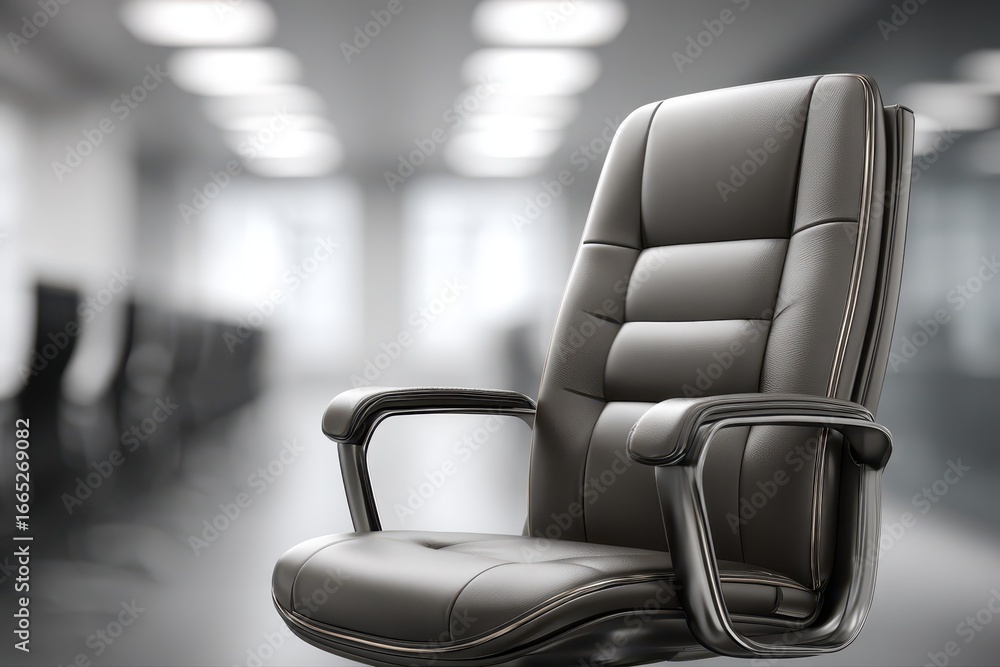 Obraz premium Modern executive black leather office chair against a blurred corporate meeting room background.