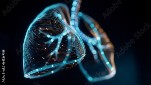 Innovative 3D digital visualization of human lungs with glowing blue light trails against dark background, showcasing advanced medical imaging technology for respiratory health research