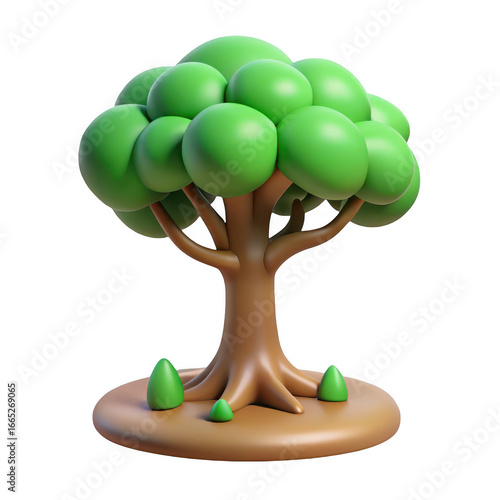 3d stylized lush green tree with rounded canopy on soil base transparent background