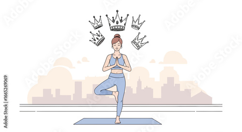 Woman in tree pose meditating with crowns symbolizing success and achievement