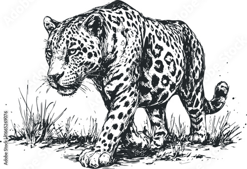 Black and white ink sketch of a jaguar walking through tall grass